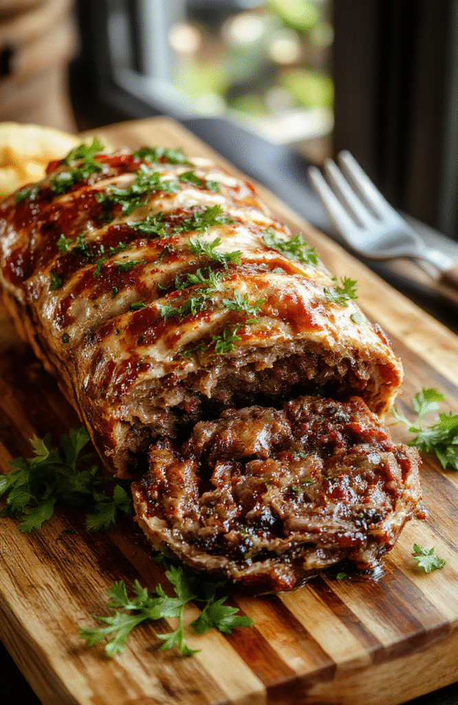 A beautifully presented Beef Wellington on a rustic wooden platter, golden-brown puff pastry with a glossy finish, sliced to reveal tender beef fillet, mushroom duxelles, and flaky layers, garnished with fresh herbs, styled elegantly for a fine dining setting