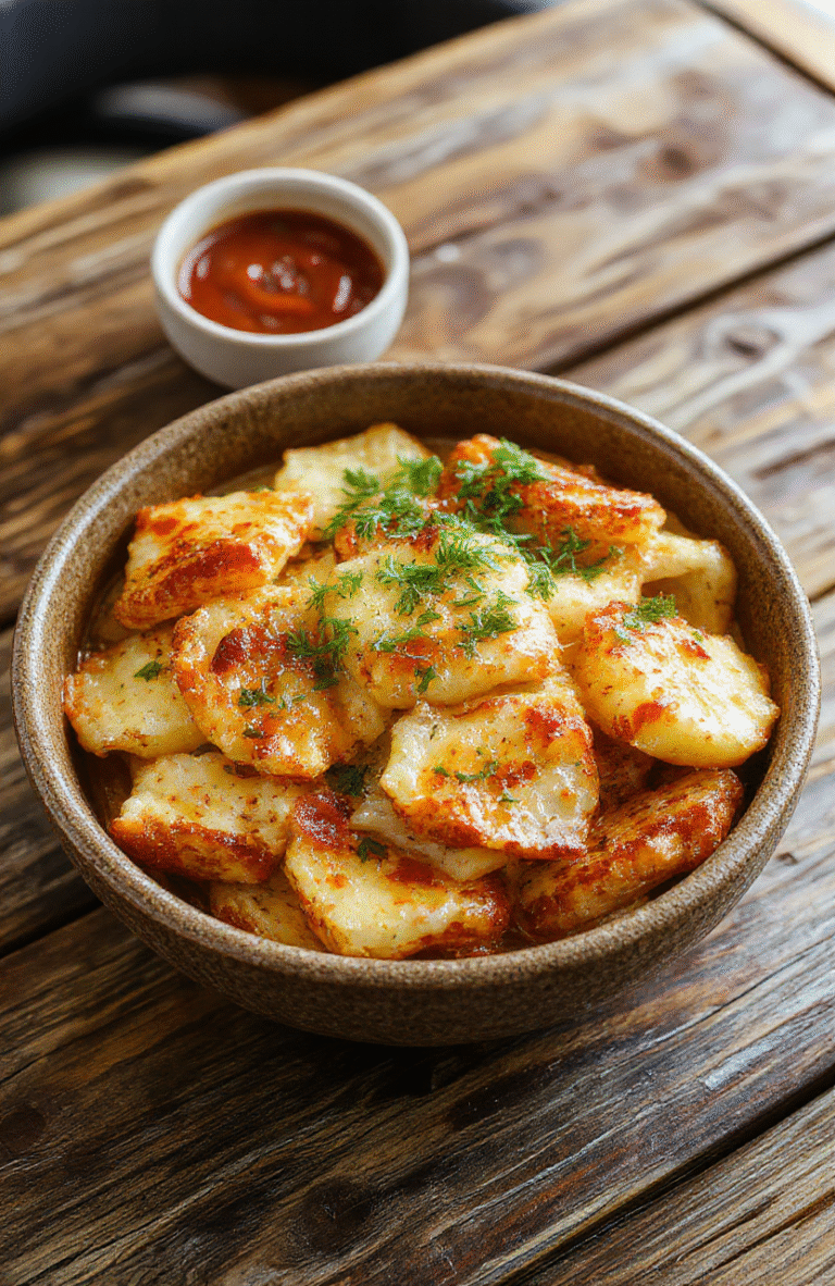 A golden-brown, cheesy casserole placed in a rustic baking dish, topped with fresh herbs. The dish is garnished with a sprinkle of cheese, steam rising slightly, with a cozy, inviting kitchen background.