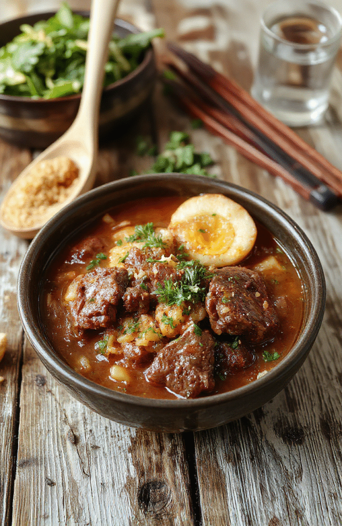 A steaming bowl of hearty beef ramen noodles with tender beef slices, soft boiled eggs, green onions, and flavorful broth, presented on a rustic wooden table with chopsticks and a spoon, vibrant colors, rich textures, and inviting steam.