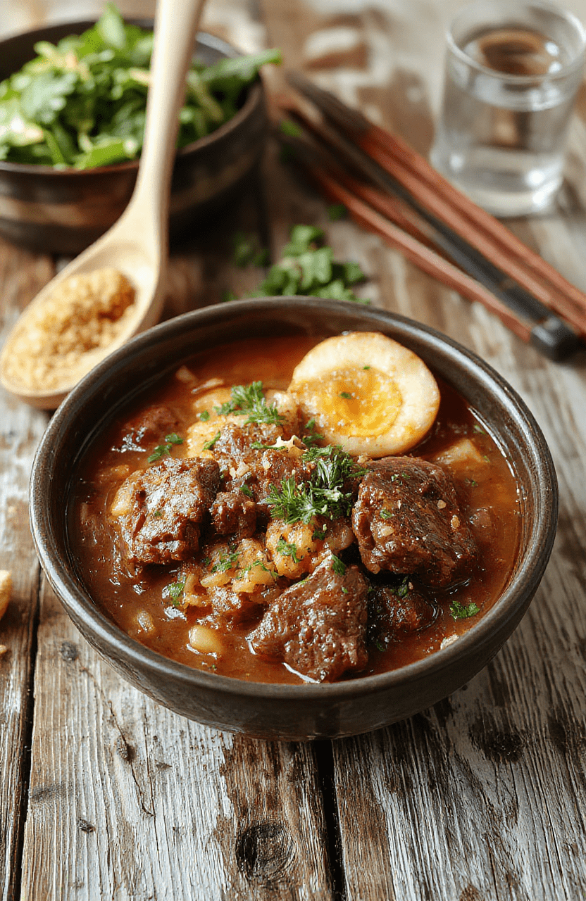 A steaming bowl of hearty beef ramen noodles with tender beef slices, soft boiled eggs, green onions, and flavorful broth, presented on a rustic wooden table with chopsticks and a spoon, vibrant colors, rich textures, and inviting steam.