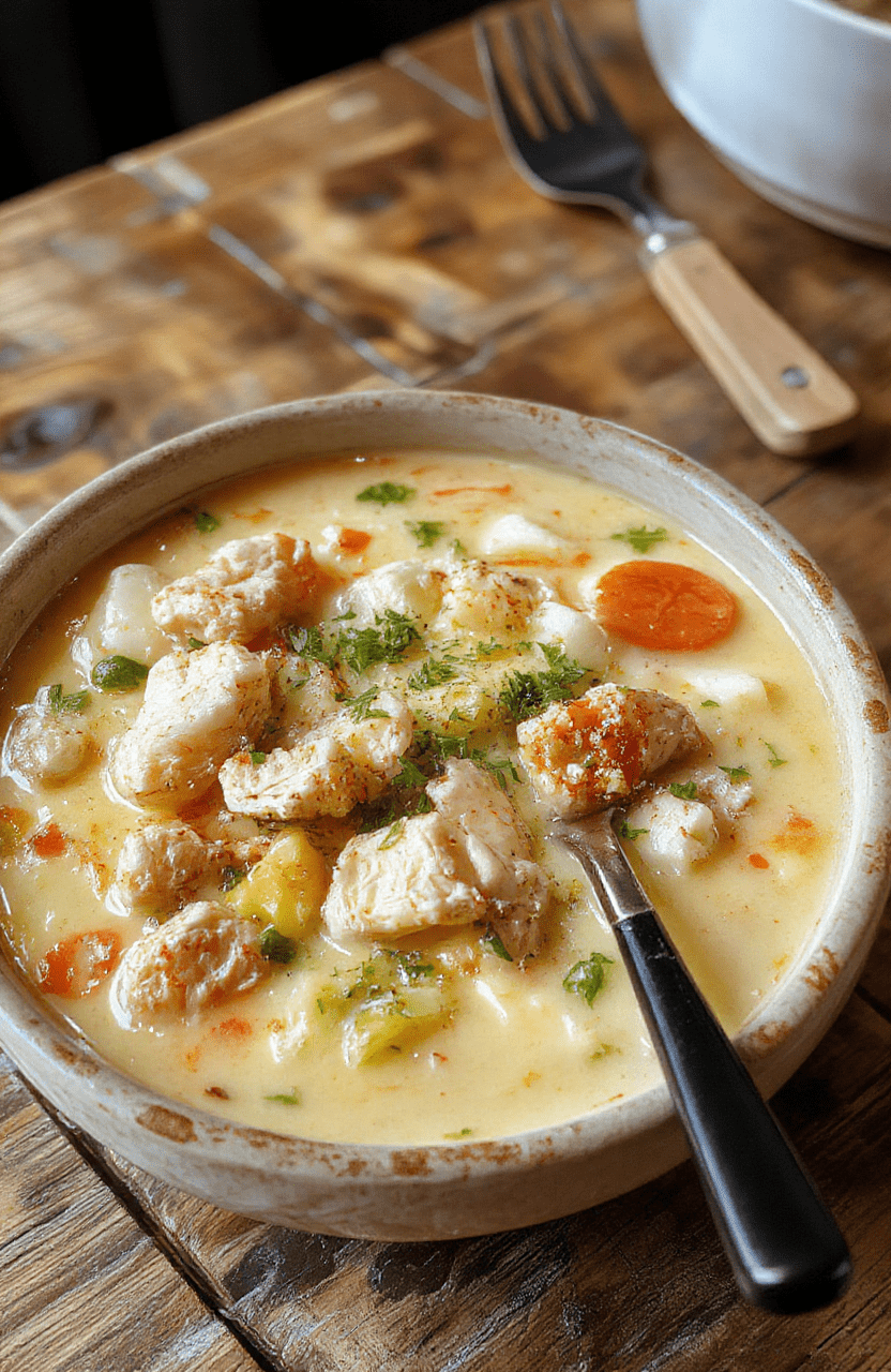 A warm, inviting bowl of chicken noodle soup with tender chicken pieces, colorful vegetables, and soft noodles, garnished with fresh herbs, served on a rustic wooden table with a cozy background, steaming and textured to highlight freshness and comfort.