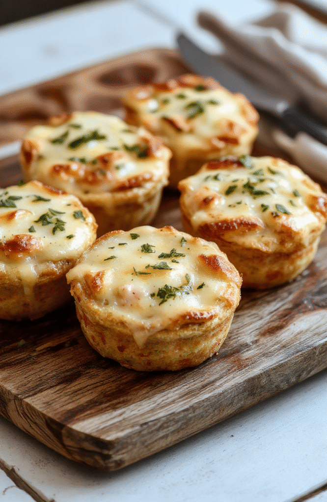 A golden-brown mini chicken pot pie topped with a flaky pastry crust, nestled on a rustic wooden plate. The filling visible through a cut-open pie shows tender chicken pieces, vibrant vegetables, and creamy sauce. The scene is styled casually with soft natural lighting, emphasizing the comforting, homemade appeal of the dish.