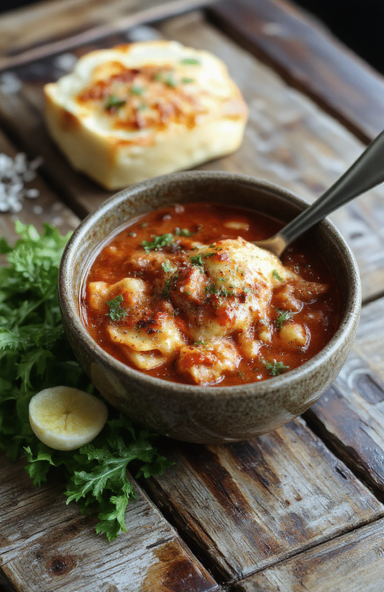 A vibrant bowl of lasagna soup garnished with fresh basil and melted cheese, surrounded by rustic bread slices on a wooden table, rich red broth with visible layers of cheese, herbs, and ground meat, styled simply for a cozy, homey feel.