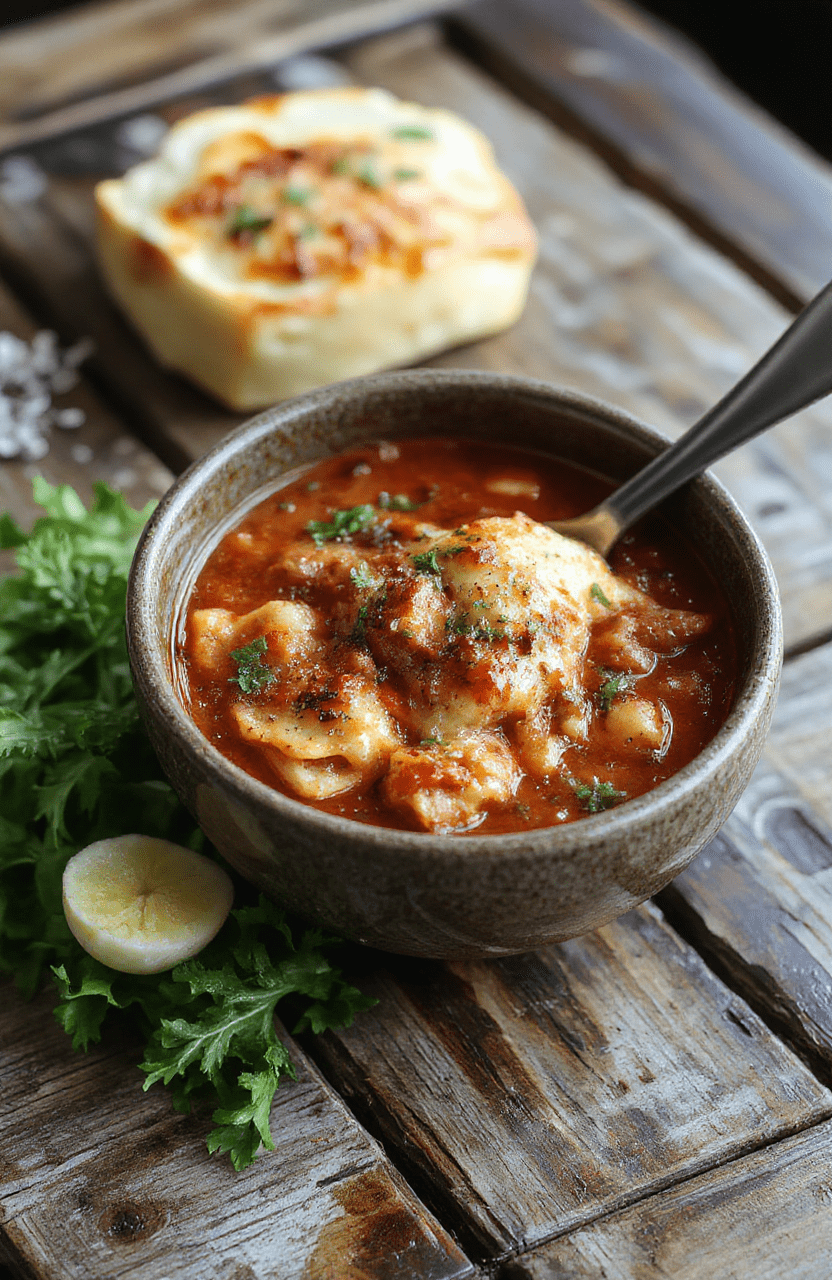 A vibrant bowl of lasagna soup garnished with fresh basil and melted cheese, surrounded by rustic bread slices on a wooden table, rich red broth with visible layers of cheese, herbs, and ground meat, styled simply for a cozy, homey feel.