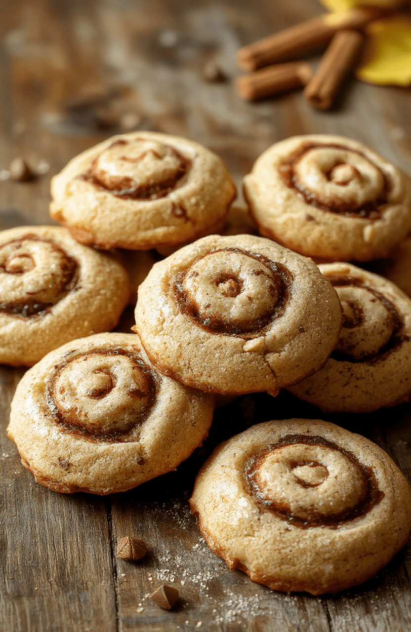 A close-up of golden-brown cinnamon roll cookies drizzled with creamy icing, arranged on a rustic wooden platter. The cookies are soft-textured with swirls of cinnamon visibly layered inside, topped with a light dusting of cinnamon sugar. The background features a cozy fall-themed setting with warm tones, a cinnamon stick, and a scattering of cinnamon powder.