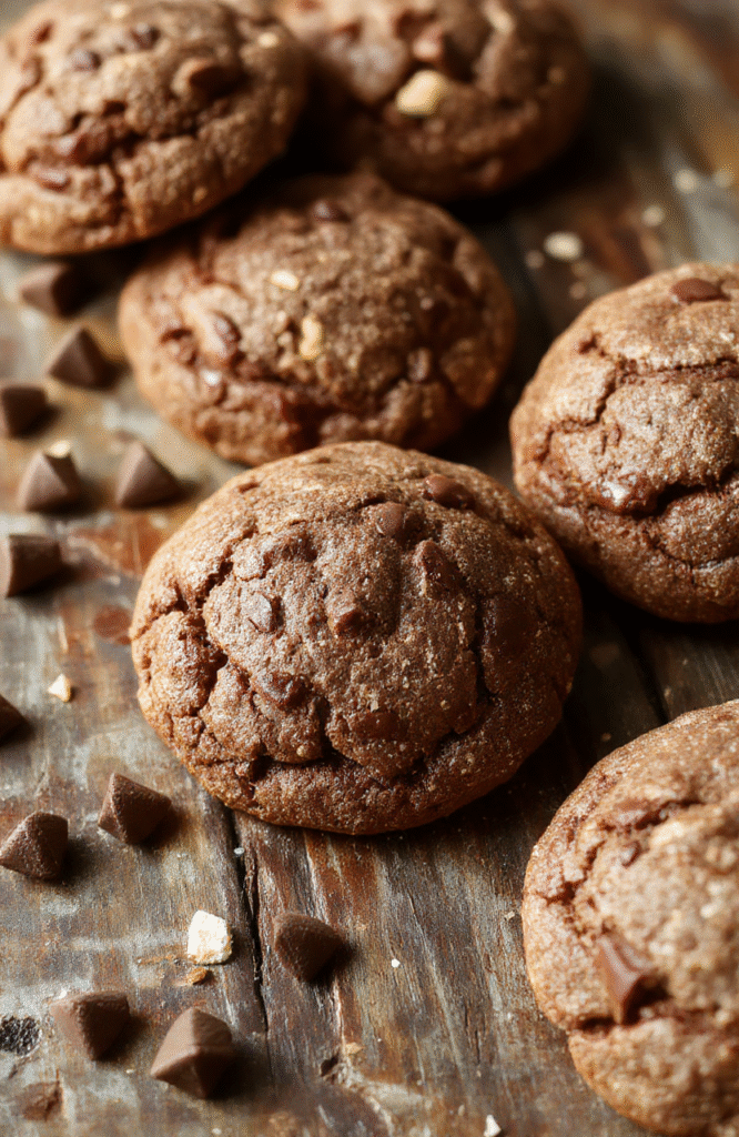 A close-up of warm, fluffy hot chocolate cookies topped with melted chocolate and a caramel drizzle, arranged on a rustic wooden plate with a sprinkle of cocoa powder, garnished with marshmallows and cinnamon sticks, styled in a cozy winter setting with soft natural light emphasizing the rich textures and inviting appearance.
