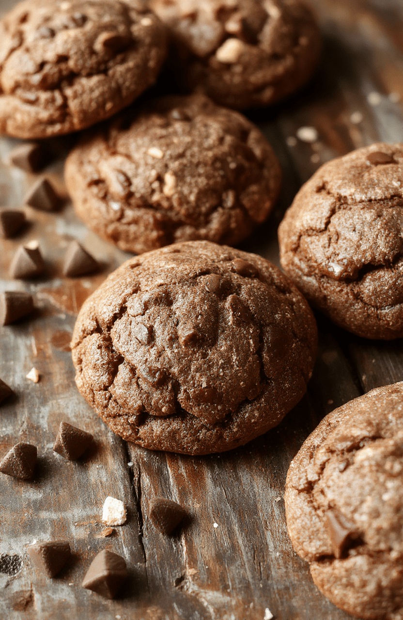 A close-up of warm, fluffy hot chocolate cookies topped with melted chocolate and a caramel drizzle, arranged on a rustic wooden plate with a sprinkle of cocoa powder, garnished with marshmallows and cinnamon sticks, styled in a cozy winter setting with soft natural light emphasizing the rich textures and inviting appearance.
