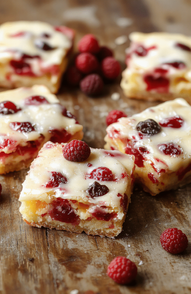 A vibrant plate of cranberry lemon bars with a bright yellow lemon glaze, topped with fresh cranberries and a dusting of powdered sugar. The bars are neatly cut, showcasing their tart citrus filling and buttery crust, styled on a rustic wooden surface with a hint of greenery for a fresh look.