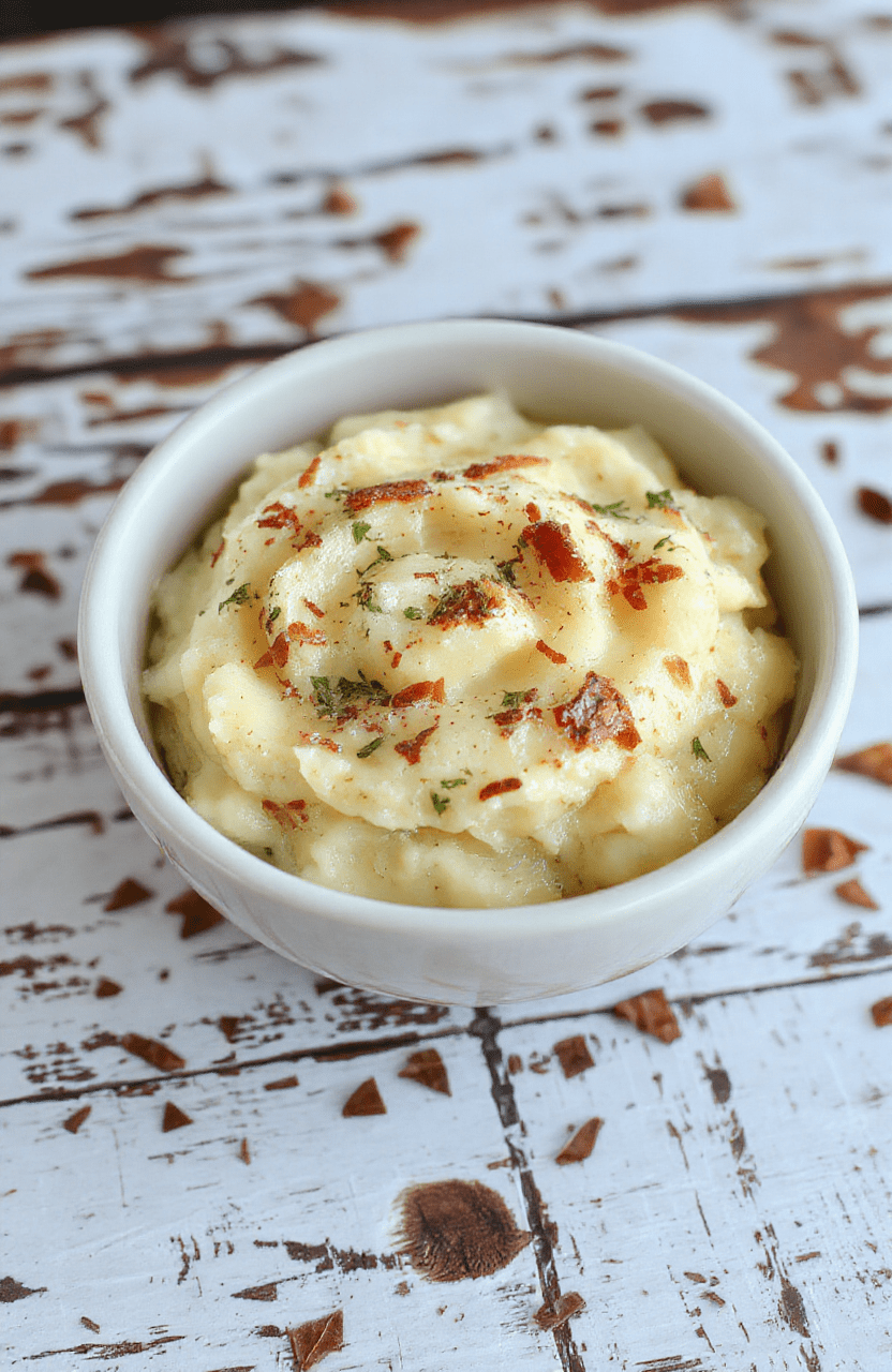 A bowl of steaming, creamy baked mashed potatoes topped with a pat of melting butter and a sprinkle of chopped herbs, presented in a rustic white dish against a cozy wooden table with a sprig of fresh thyme nearby, showcasing a smooth, fluffy texture with a golden crust hinting at a deliciously rich side dish.