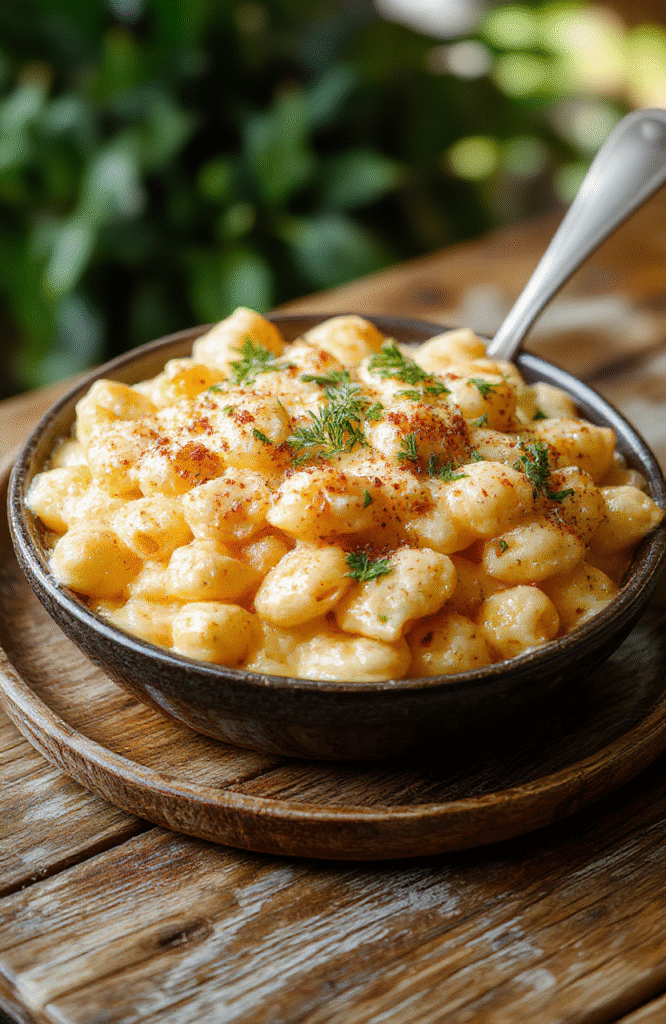 A creamy baked mac and cheese dish with melted golden cheese topping, served in a rustic white casserole dish. The pasta is coated in a rich, cheesy sauce with a crispy top layer. Garnished with fresh herbs, the vibrant yellow cheese contrasts beautifully with the creamy white interior, styled on a wooden table with a sprinkle of herbs for an inviting, comforting look.