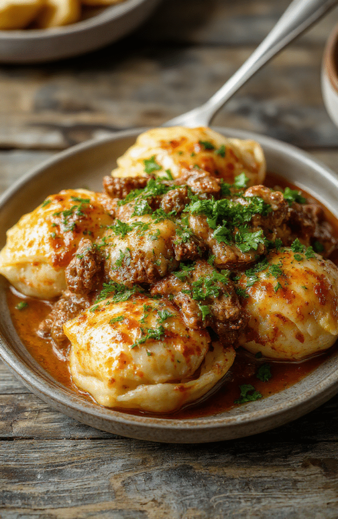 A vibrant plate of creamy beef and shells pasta featuring golden shells coated in a rich, velvety sauce, garnished with fresh herbs, served on a rustic white plate with a colorful background highlighting the luscious textures.