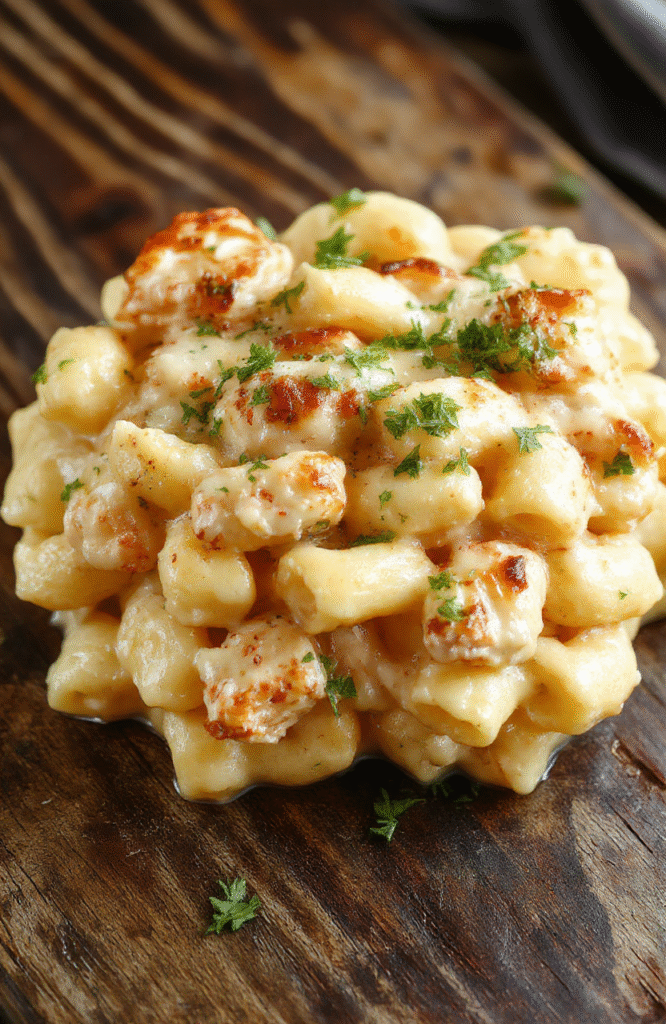 A bowl of creamy chicken mac and cheese featuring tender pasta coated in a rich, cheesy sauce with chunks of seasoned chicken, garnished with parsley, served on a rustic wooden plate with a golden crust and gooey cheese pull, styled simply with a fork resting beside it.