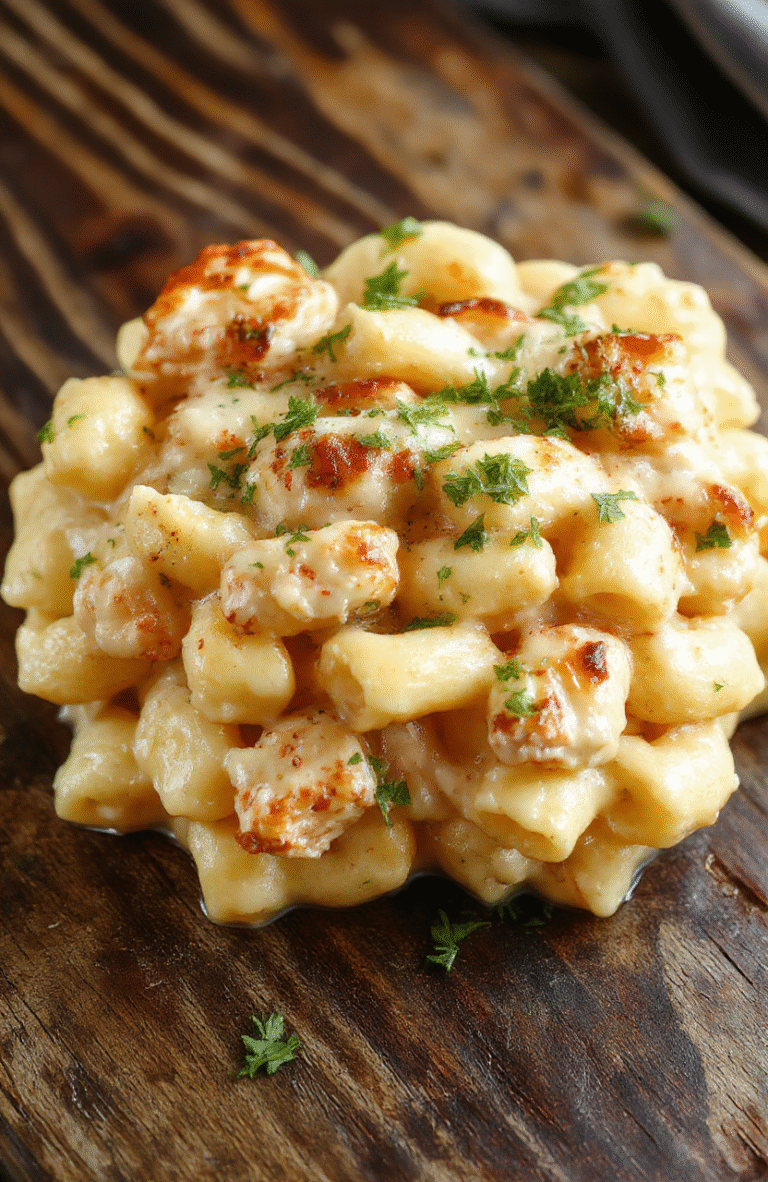 A bowl of creamy chicken mac and cheese featuring tender pasta coated in a rich, cheesy sauce with chunks of seasoned chicken, garnished with parsley, served on a rustic wooden plate with a golden crust and gooey cheese pull, styled simply with a fork resting beside it.