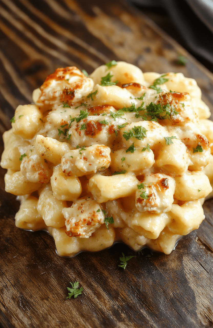 A bowl of creamy chicken mac and cheese featuring tender pasta coated in a rich, cheesy sauce with chunks of seasoned chicken, garnished with parsley, served on a rustic wooden plate with a golden crust and gooey cheese pull, styled simply with a fork resting beside it.