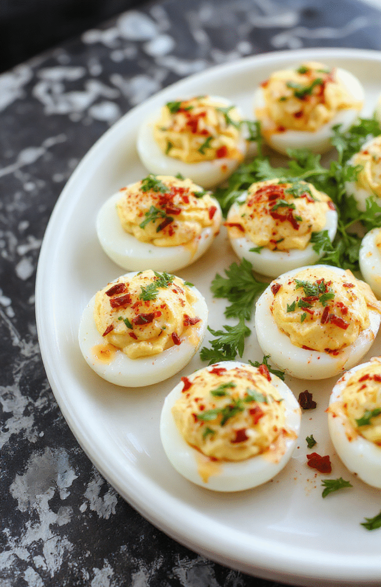 A close-up of creamy deviled eggs arranged on a white platter, garnished with paprika and fresh chives, showcasing smooth filling texture, vibrant yellow yolks, and colorful toppings, styled for a party setting with a neutral background and natural lighting.
