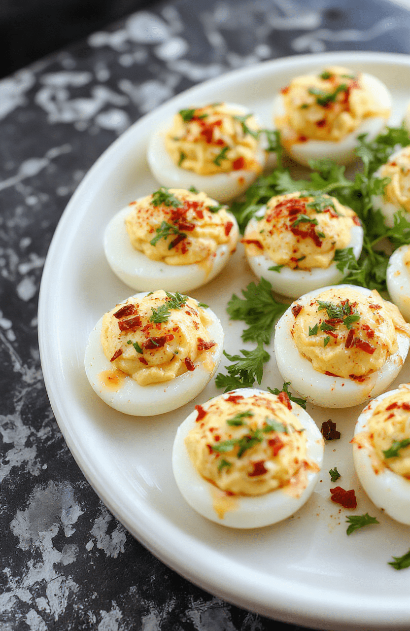 A close-up of creamy deviled eggs arranged on a white platter, garnished with paprika and fresh chives, showcasing smooth filling texture, vibrant yellow yolks, and colorful toppings, styled for a party setting with a neutral background and natural lighting.