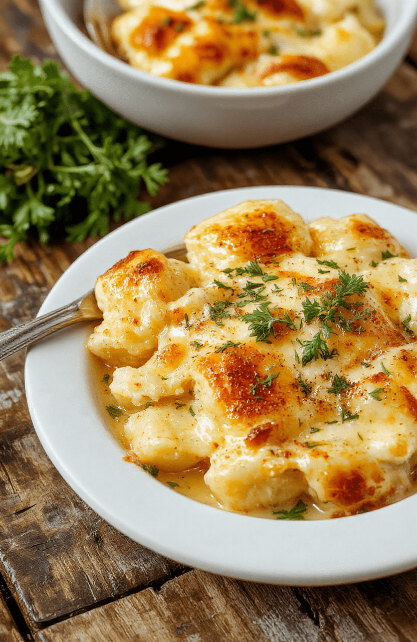 A golden-brown potato gratin layered beautifully in a white ceramic dish, topped with melted cheese and a sprinkle of fresh herbs. The creamy layers of thinly sliced potatoes are visible along the edges, with a crispy crust on top. The dish is styled on a rustic wooden table with natural lighting highlighting its rich, cheesy texture and inviting aroma.