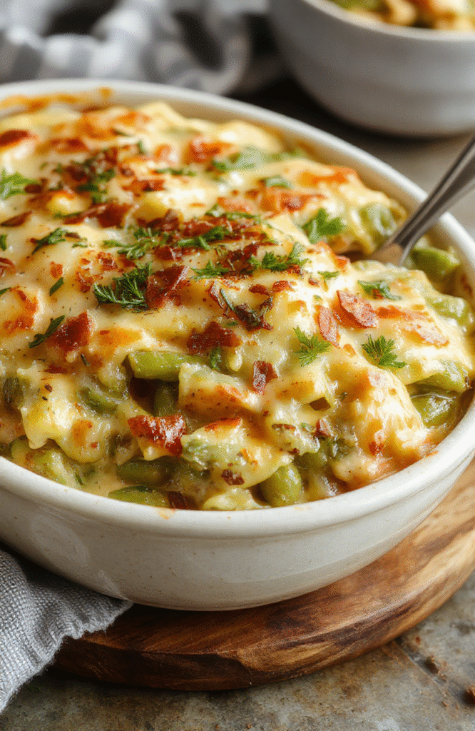 A vibrant creamy green bean casserole served in a rustic white dish, golden crispy onions on top, surrounded by fresh green beans and creamy sauce, styled simply with a festive background.