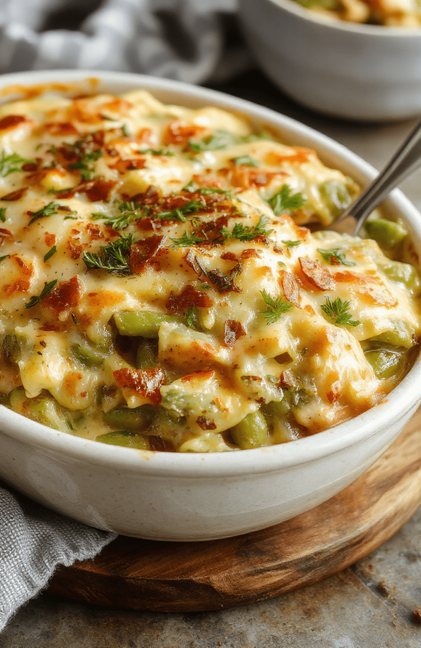 A vibrant creamy green bean casserole served in a rustic white dish, golden crispy onions on top, surrounded by fresh green beans and creamy sauce, styled simply with a festive background.