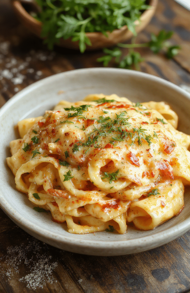 A vibrant plate of creamy Italian rigatoni pasta topped with fresh herbs, served on a rustic wooden table. The pasta is coated in a rich, cheesy sauce with visible bits of Italian sausage and colorful bell peppers. The dish looks hearty, steaming hot, with a sprinkle of grated cheese and a drizzle of olive oil, styled simply yet appetizing.