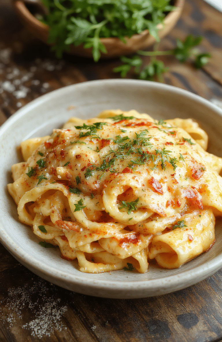 A vibrant plate of creamy Italian rigatoni pasta topped with fresh herbs, served on a rustic wooden table. The pasta is coated in a rich, cheesy sauce with visible bits of Italian sausage and colorful bell peppers. The dish looks hearty, steaming hot, with a sprinkle of grated cheese and a drizzle of olive oil, styled simply yet appetizing.