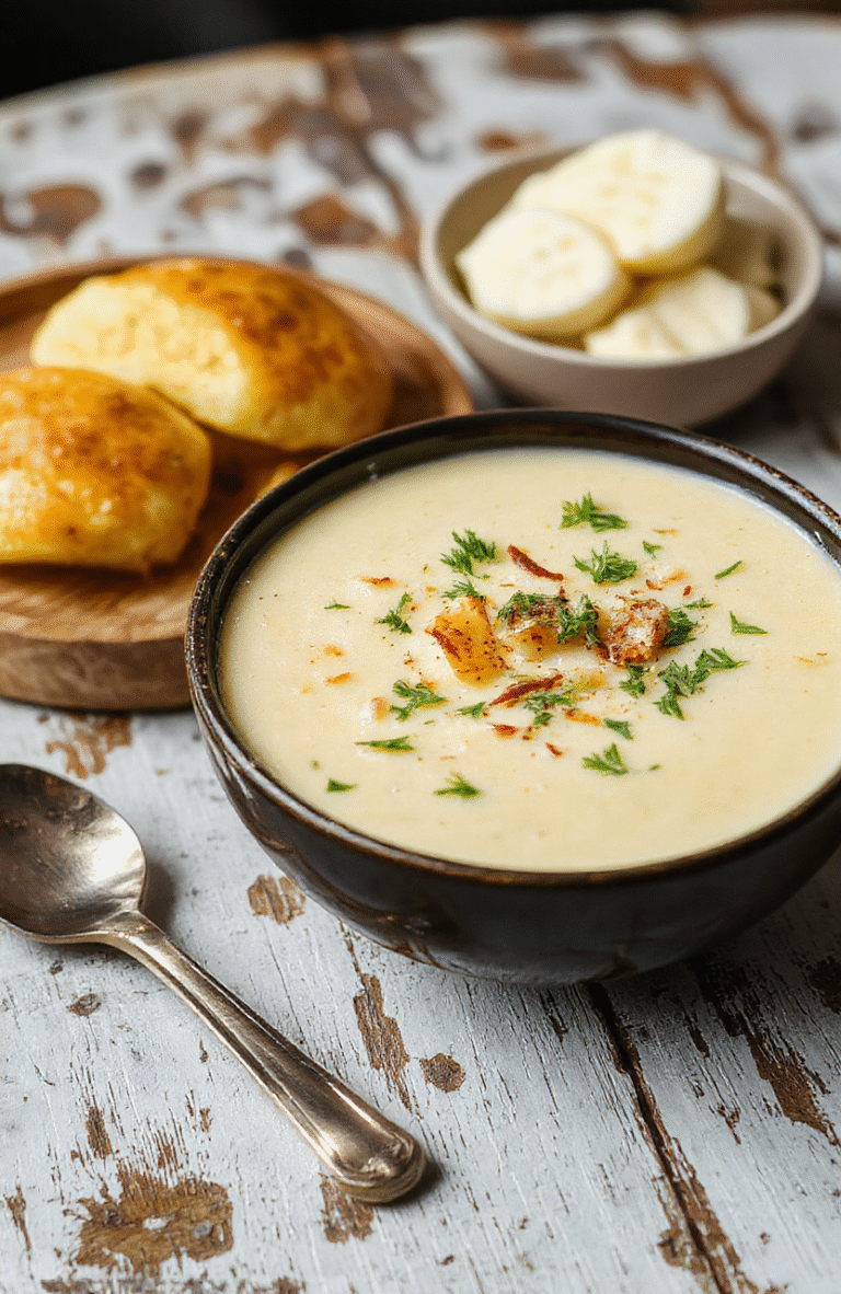 A warm bowl of creamy loaded potato soup topped with shredded cheddar cheese, chopped green onions, crispy bacon bits, and a dollop of sour cream, vibrant yellow and green colors contrasting against the creamy texture, in a rustic bowl on a wooden table with a cozy, inviting atmosphere.