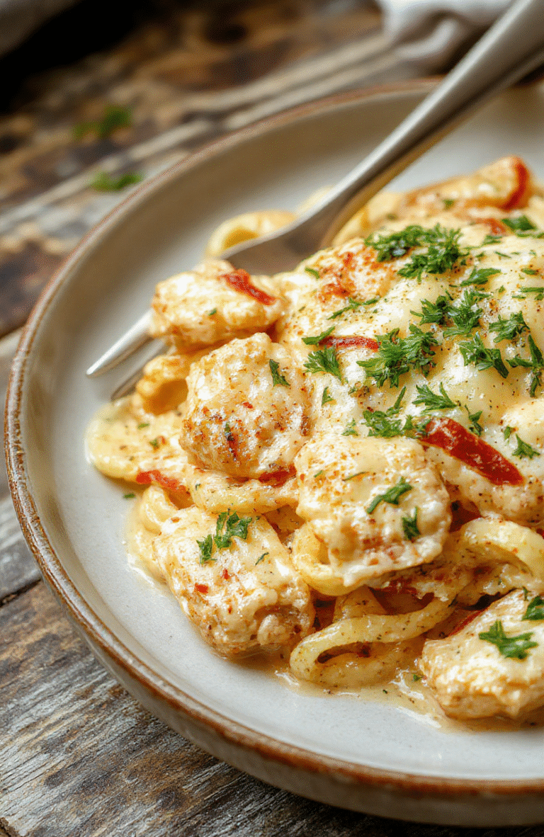 A vibrant plate of Creamy Parmesan Chicken Pasta featuring tender chicken slices and al dente pasta coated in a luscious creamy cheese sauce, garnished with fresh herbs and grated Parmesan, styled on a rustic wooden table with a soft-focus background emphasizing the rich textures and inviting colors.