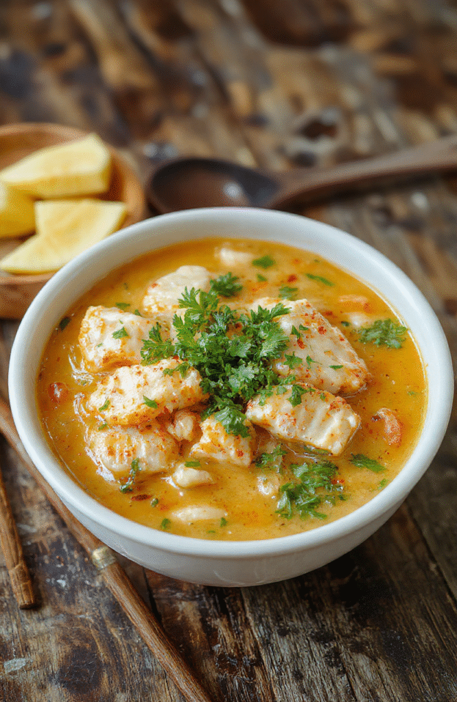A vibrant bowl of spicy chicken ramen featuring tender slices of chicken, bright orange chili oil, creamy broth, and garnished with green scallions and cracked black pepper, all presented on a rustic wooden table with chopsticks resting on the side.