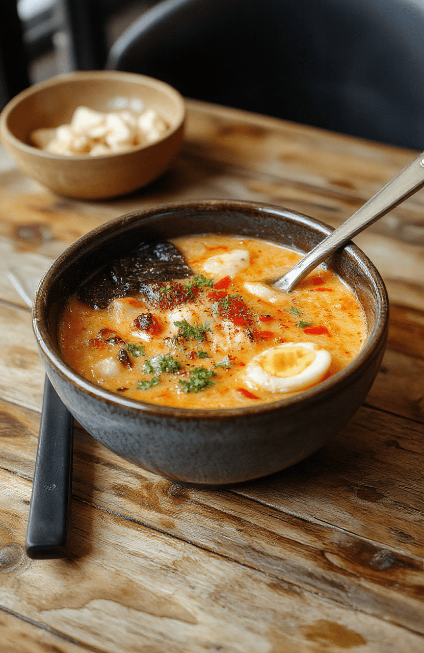 A vibrant bowl of creamy spicy Korean ramen featuring rich broth, colorful vegetables, tender noodles, topped with sliced green onions and sesame seeds, with a soft-boiled egg on the side. The bowl is set on a rustic wooden table, showcasing textures and fiery red chili oil drizzled over creamy soup, styled invitingly to emphasize warmth and comfort.