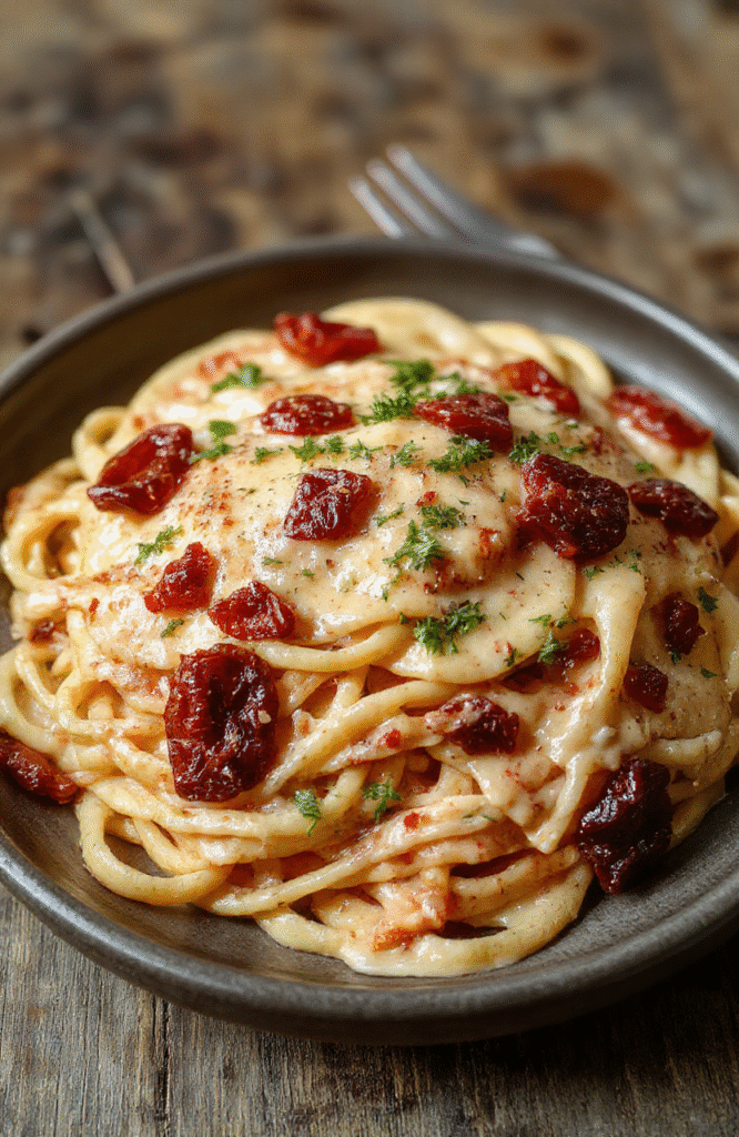 A vibrant plate of creamy spaghetti topped with chopped sun-dried tomatoes, fresh basil, and grated cheese, arranged neatly on a white ceramic plate with a rustic wooden table background, with a light drizzle of olive oil for added shine and flavor.