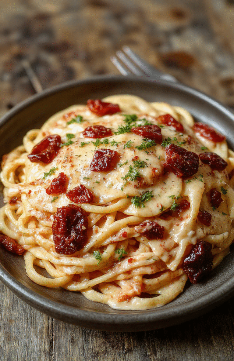 A vibrant plate of creamy spaghetti topped with chopped sun-dried tomatoes, fresh basil, and grated cheese, arranged neatly on a white ceramic plate with a rustic wooden table background, with a light drizzle of olive oil for added shine and flavor.