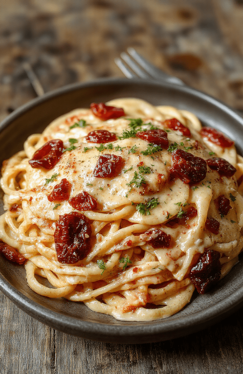 A vibrant plate of creamy spaghetti topped with chopped sun-dried tomatoes, fresh basil, and grated cheese, arranged neatly on a white ceramic plate with a rustic wooden table background, with a light drizzle of olive oil for added shine and flavor.