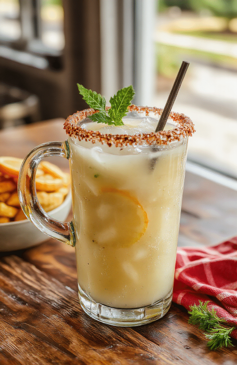 A festive pitcher filled with creamy white margaritas, garnished with lime slices and sugared rims, set against a holiday-themed table with Christmas decorations, vibrant and inviting with a smooth, frosty texture shown.