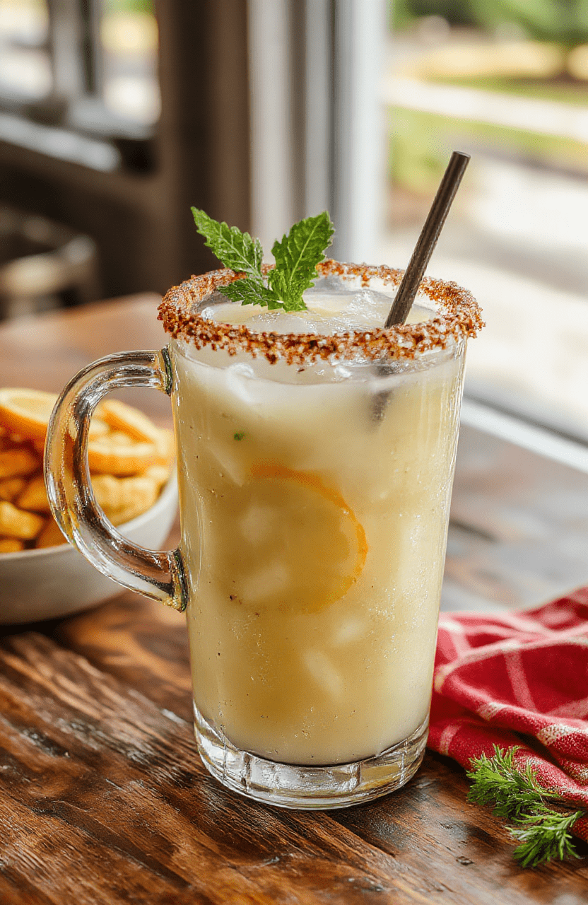 A festive pitcher filled with creamy white margaritas, garnished with lime slices and sugared rims, set against a holiday-themed table with Christmas decorations, vibrant and inviting with a smooth, frosty texture shown.