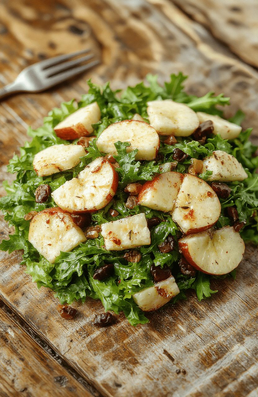 A vibrant bowl filled with fresh green arugula, crisp apple slices, and toasted nuts topped with a light vinaigrette, styled simply on a rustic wooden table with natural light highlighting the textures and colors.