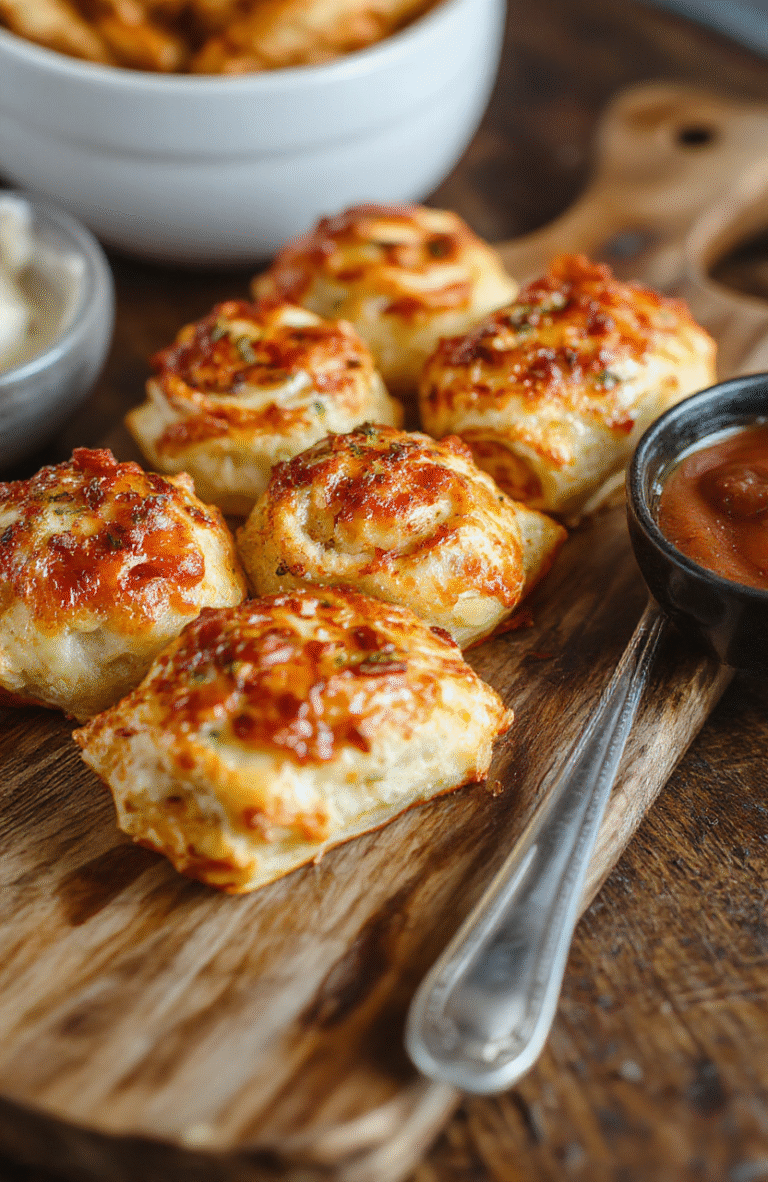 Golden-brown crispy air fryer pizza rolls with melted cheese and pepperoni spilling out, arranged on a rustic wooden board with fresh basil leaves scattered around, styled with minimalistic neutral background emphasizing the crispy textures.