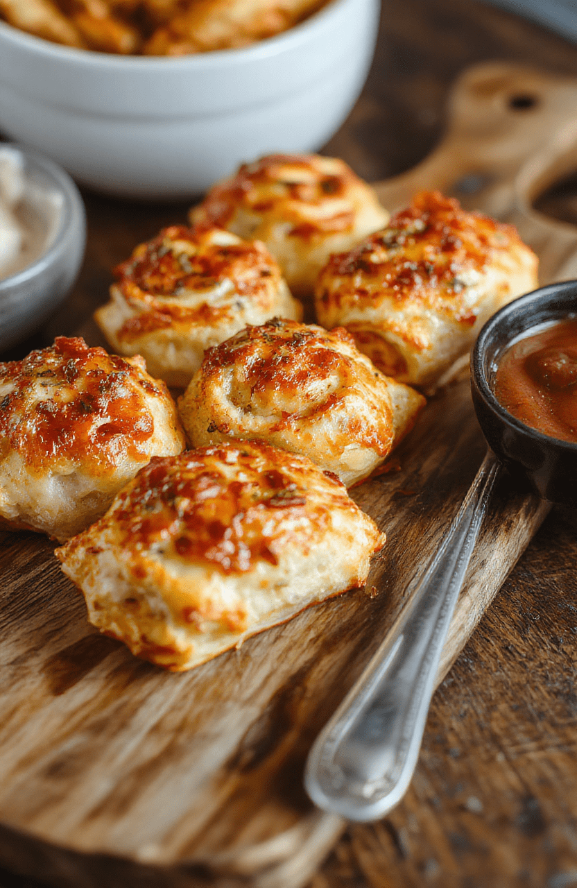Golden-brown crispy air fryer pizza rolls with melted cheese and pepperoni spilling out, arranged on a rustic wooden board with fresh basil leaves scattered around, styled with minimalistic neutral background emphasizing the crispy textures.