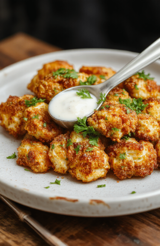A close-up of golden-brown crispy popcorn chicken pieces arranged on a rustic white plate, garnished with fresh parsley. The chicken has a crunchy, textured coating with visible seasoning, served alongside a small dish of dipping sauce on a wooden table with natural daylight highlighting the textures and colors.