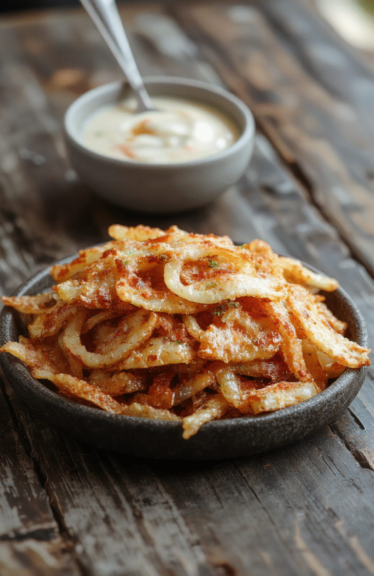 Golden crispy fried onions piled on a rustic wooden board, with a glossy sheen, crunchy texture, and perfectly browned edges, styled simply for an inviting snack