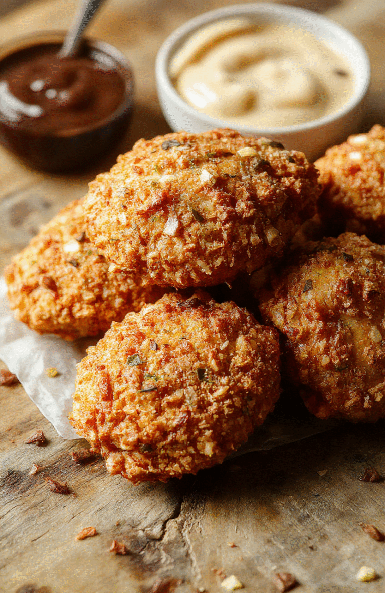 A plate featuring crispy pretzel-coated chicken topped with melted cheese, garnished with fresh herbs. The chicken has a golden-brown crust with visible pretzel pieces, served with a side of vibrant green vegetables and a dipping sauce. The presentation is inviting with a rustic wooden background, highlighting the textures of the crunchy breading and cheesy topping.