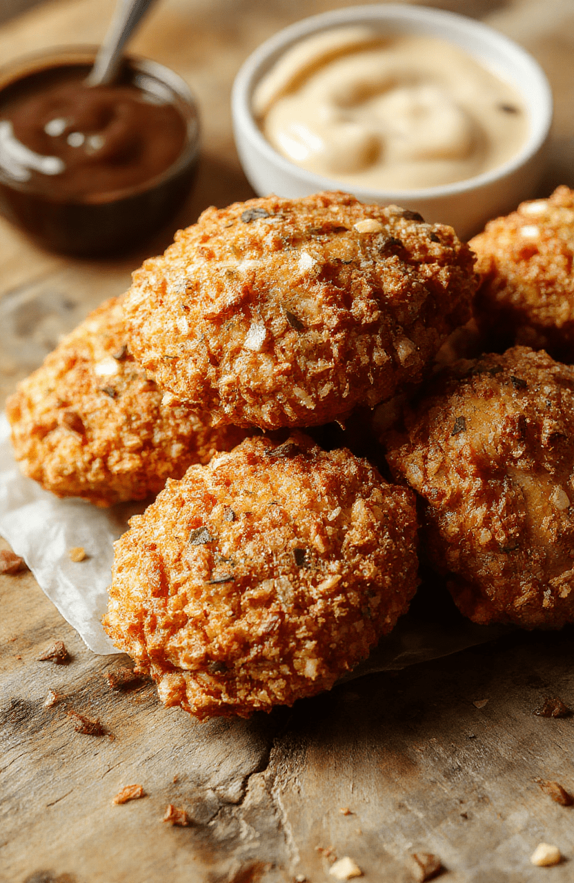 A plate featuring crispy pretzel-coated chicken topped with melted cheese, garnished with fresh herbs. The chicken has a golden-brown crust with visible pretzel pieces, served with a side of vibrant green vegetables and a dipping sauce. The presentation is inviting with a rustic wooden background, highlighting the textures of the crunchy breading and cheesy topping.
