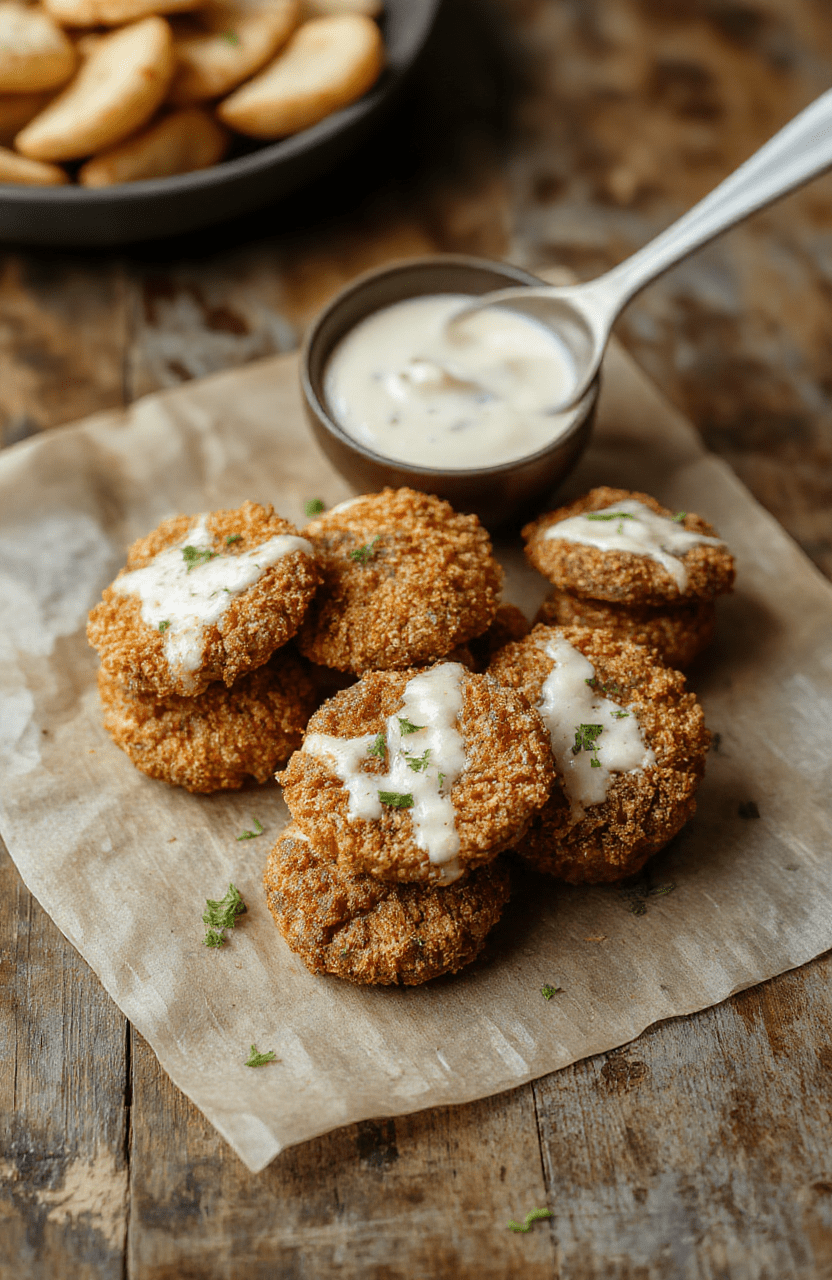 A vibrant plate of golden-brown crispy ranch mushrooms arranged neatly on a white ceramic dish. The mushrooms have a crunchy coating with visible herbs and spices, garnished with fresh chopped parsley. The background features a rustic wooden table with a small bowl of ranch dipping sauce, emphasizing a casual and appetizing presentation. The image captures the textures of the crispy coating and the moist, tender mushrooms inside, styled in a minimal, appealing manner.