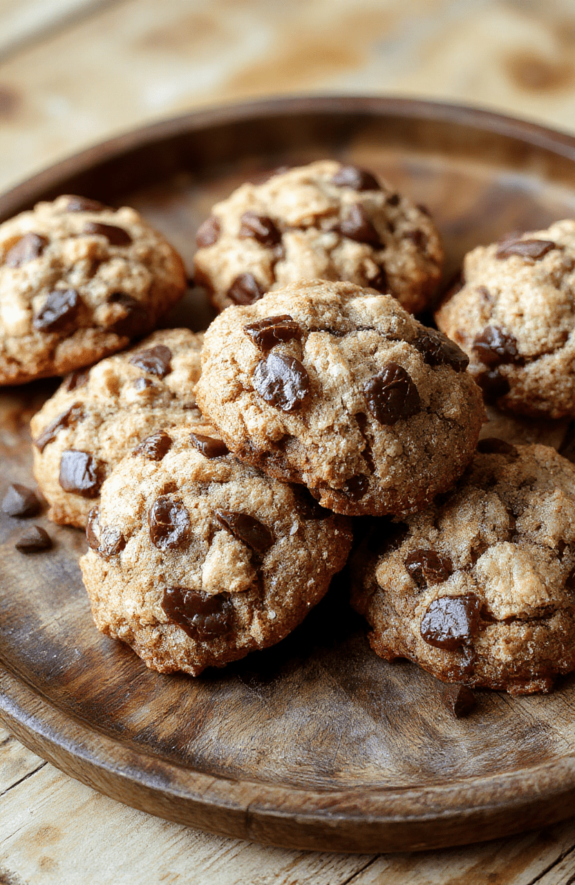 A close-up of crumble-topped coffee cake cookies on a rustic wooden plate, showcasing golden-brown edges, crunchy streusel topping, and a soft interior with visible swirls of cinnamon. The cookies are styled neatly with some crumbs scattered around, styled with natural light highlighting their textures and warm tones.