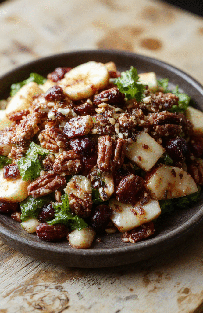 A vibrant bowl of crunchy apple cranberry pecan salad featuring crisp apple slices, bright red cranberries, toasted pecans, and fresh greens, drizzled with a tangy dressing. The salad is attractively arranged on a rustic wooden table with a colorful autumn-themed backdrop, highlighting the textures and colors of the ingredients, styled to look fresh and appetizing.