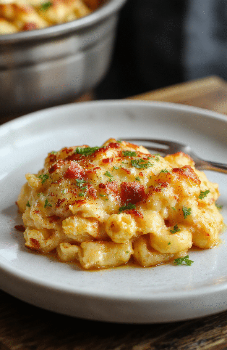 A close-up vibrant image of a golden-brown crusted baked mac and cheese served in a rustic white dish, topped with melted cheese and crispy breadcrumbs, garnished with fresh herbs, with steam gently rising, styled on a wooden table with natural daylight.
