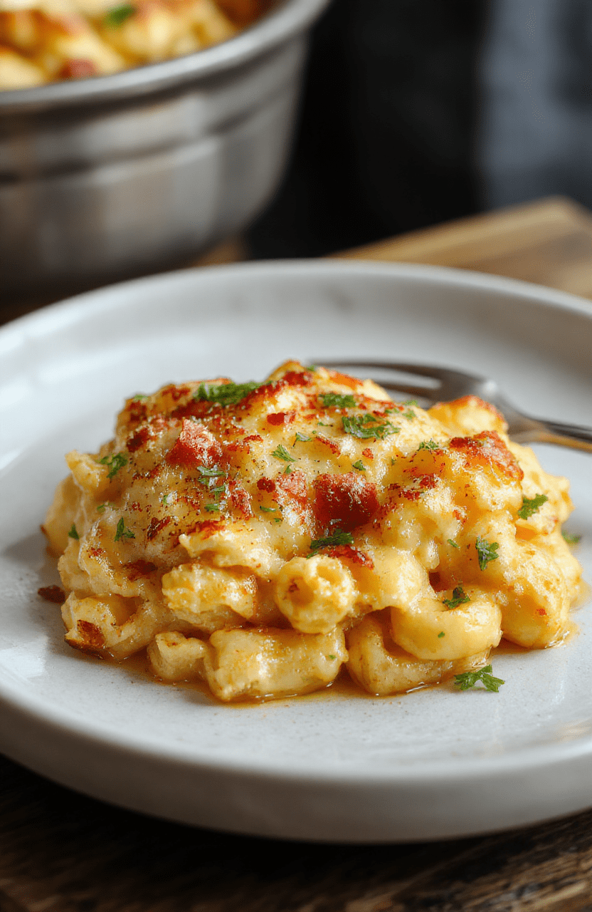A close-up vibrant image of a golden-brown crusted baked mac and cheese served in a rustic white dish, topped with melted cheese and crispy breadcrumbs, garnished with fresh herbs, with steam gently rising, styled on a wooden table with natural daylight.