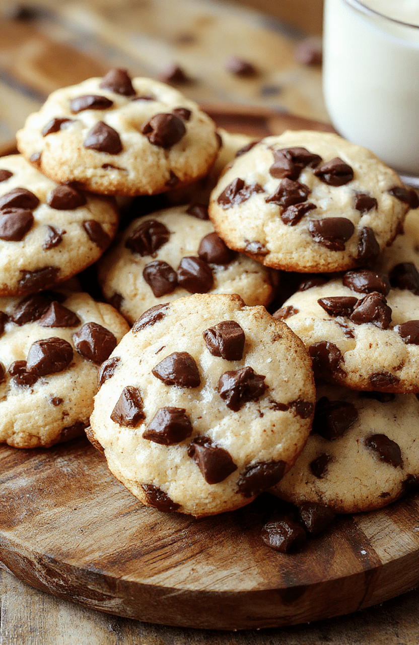 A close-up of a stack of golden-brown cheesecake cookies with a creamy filling visible inside, placed on a rustic wooden plate. Bright natural light highlights the crispy edges and soft center, with a few cookies scattered around for a casual, homemade feel. The background features a blurred pastel-colored cloth, enhancing the inviting and indulgent atmosphere.