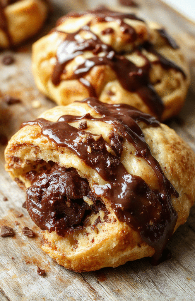 A warm, golden-brown chocolate croissant bake in a glass baking dish, topped with a drizzle of melted chocolate and powdered sugar. The dish is sliced to reveal flaky croissant layers and gooey chocolate filling, styled on a rustic wooden surface with a soft focus background and natural daylight highlighting the rich textures and inviting appearance.