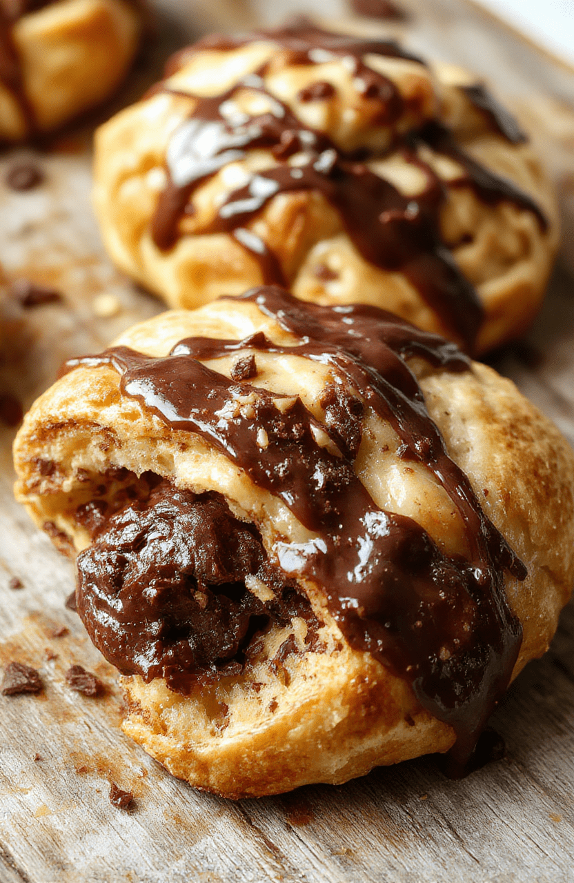 A warm, golden-brown chocolate croissant bake in a glass baking dish, topped with a drizzle of melted chocolate and powdered sugar. The dish is sliced to reveal flaky croissant layers and gooey chocolate filling, styled on a rustic wooden surface with a soft focus background and natural daylight highlighting the rich textures and inviting appearance.
