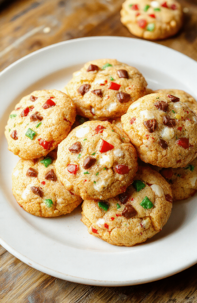 A festive plate of golden-brown gooey butter cookies topped with colorful sprinkles and powdered sugar, arranged on a rustic white plate with holiday decorations in the background, showcasing their soft interior and slightly crispy edges, styled with a Christmas-themed cloth.